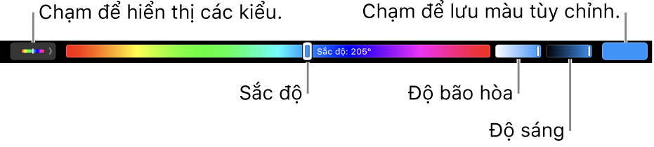 Touch Bar đang hiển thị các thanh trượt sắc độ, độ bão hòa và độ sáng cho kiểu HSB. Ở đầu bên trái là nút để hiển thị tất cả các cấu hình; ở đầu bên phải là nút để lưu màu tùy chỉnh.