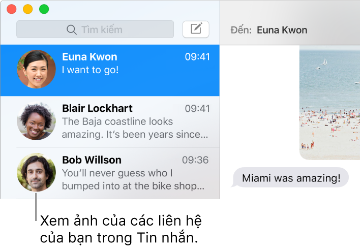 Thanh bên từ ứng dụng Tin nhắn đang hiển thị các hình ảnh của mọi người bên cạnh tên của họ.