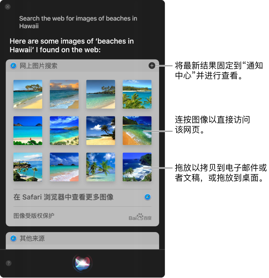 Siri 窗口显示请求“搜索网络上夏威夷海滩图片”的 Siri 结果。您可以将结果固定到“通知中心”，连按图像以打开包含该图像的网页，或者将图像拖到电子邮件或文稿中，或者拖到桌面上。