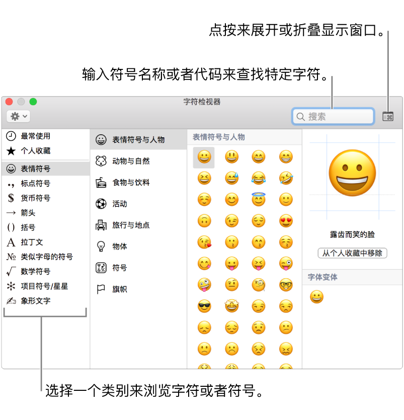 “字符检视器”窗口。从左侧选择一个类别以浏览字符或符号。在搜索栏中，输入符号名称或代码以查找特定字符。在右上角中，点按以展开或折叠检视器。