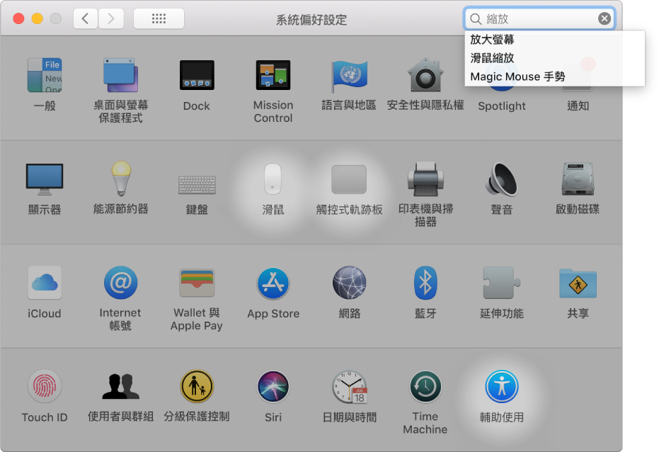 「系統偏好設定」視窗在搜尋欄位中顯示「縮放」，一列符合的搜尋結果顯示在搜尋欄位下方，有三個偏好設定圖像醒目顯示。