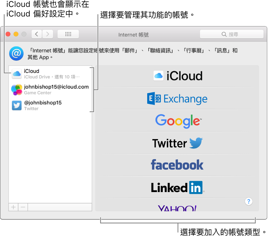 「Internet 帳號」偏好設定，其右側列出 iCloud 和 Twitter 帳號，而左側則列出可使用的帳號類型。