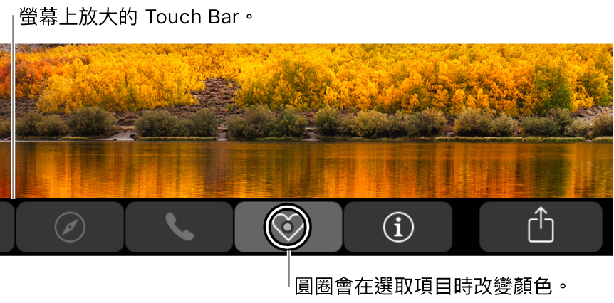 沿著螢幕底部的放大版 Touch Bar；選擇按鈕時，按鈕上的圓圈會更改。