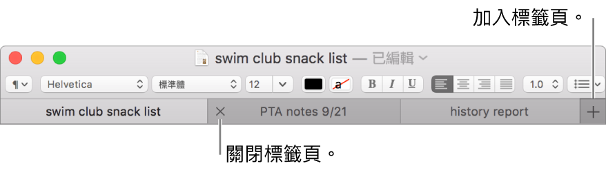 「文字編輯」視窗，標籤頁列中有三個標籤頁，位於格式列下方。一個標籤頁顯示「關閉」按鈕。「加入」按鈕位於標籤頁列的最右側。