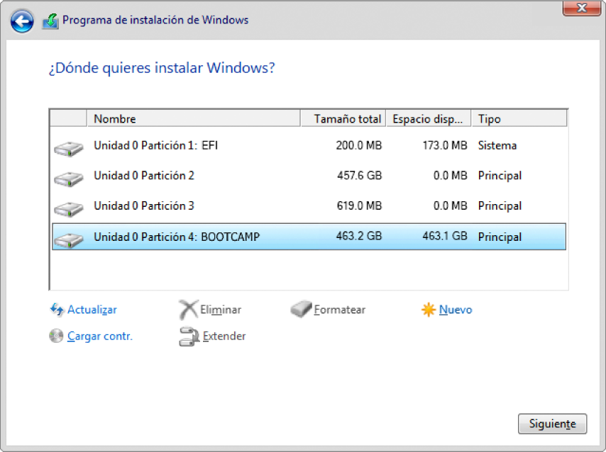 En la configuración de Windows, el cuadro de diálogo “¿Dónde desea instalar Windows?” está abierto y la partición BOOTCAMP seleccionada.