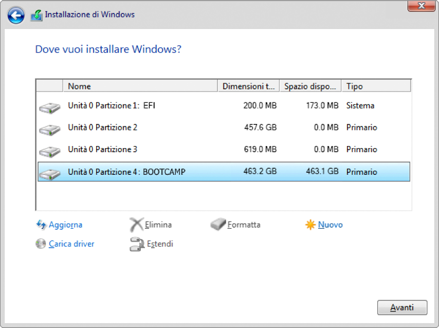 Nella configurazione di Windows, la finestra di dialogo “Dove vuoi installare Windows?” aperta e la partizione BOOTCAMP selezionata.