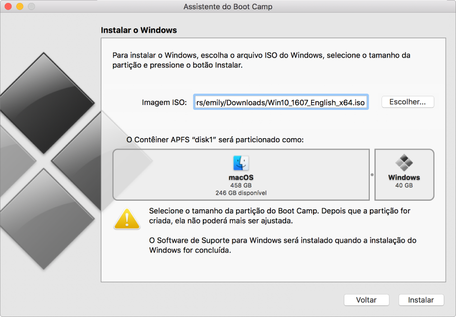 Janela de instalação do Assistente do Boot Camp. No canto inferior direito encontra-se o botão Instalar e, à esquerda dele, o botão Voltar.