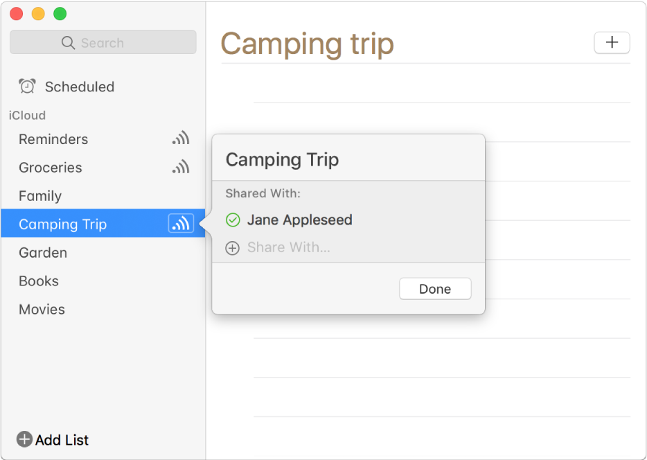 The info window for a reminder list, showing the list is shared with one person.