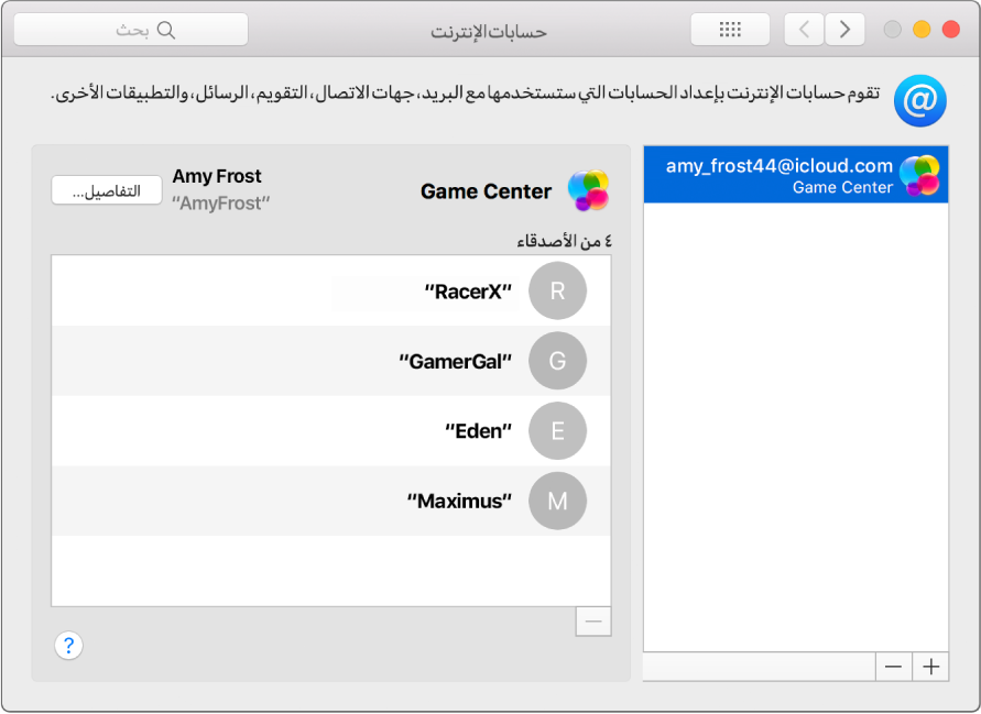 حساب Game Center في حسابات الإنترنت.