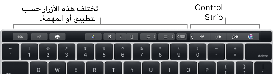 الـ Touch Bar وعليه أزرار تختلف حسب التطبيق أو المهمة على اليسار والـ Control Strip المطوي على اليمين.