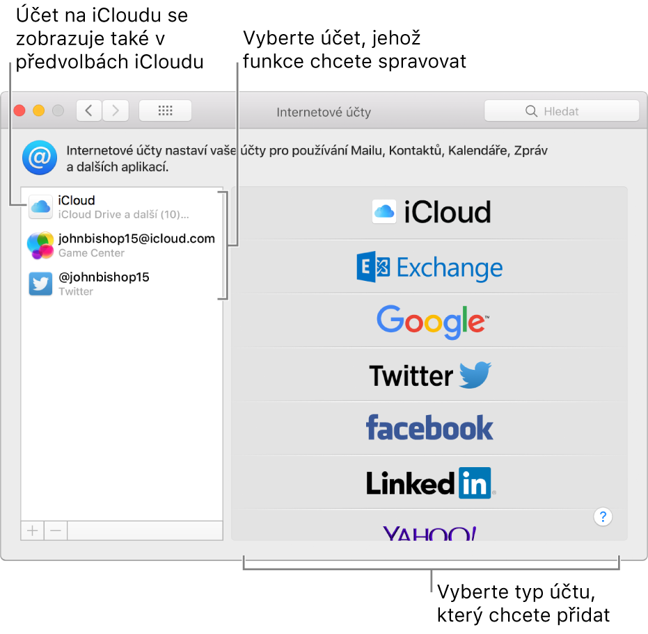 Předvolby Internetové účty, kde jsou vpravo vidět účty iCloud a Twitter a vlevo další dostupné typy účtů