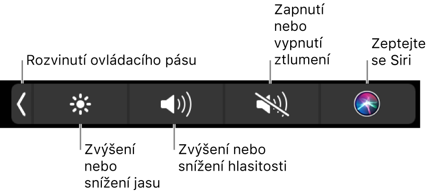 Sbalený Control Strip s tlačítky (zleva doprava) pro rozbalení ovládacího pásu, zvýšení nebo snížení jasu monitoru a hlasitosti, vypnutí nebo zapnutí zvuku a komunikaci se Siri