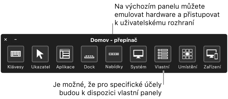 K emulaci hardwaru a přístupu k uživatelskému rozhraní můžete používat výchozí panel Switch Control. Pro speciální účely je možné použít vlastní panely.