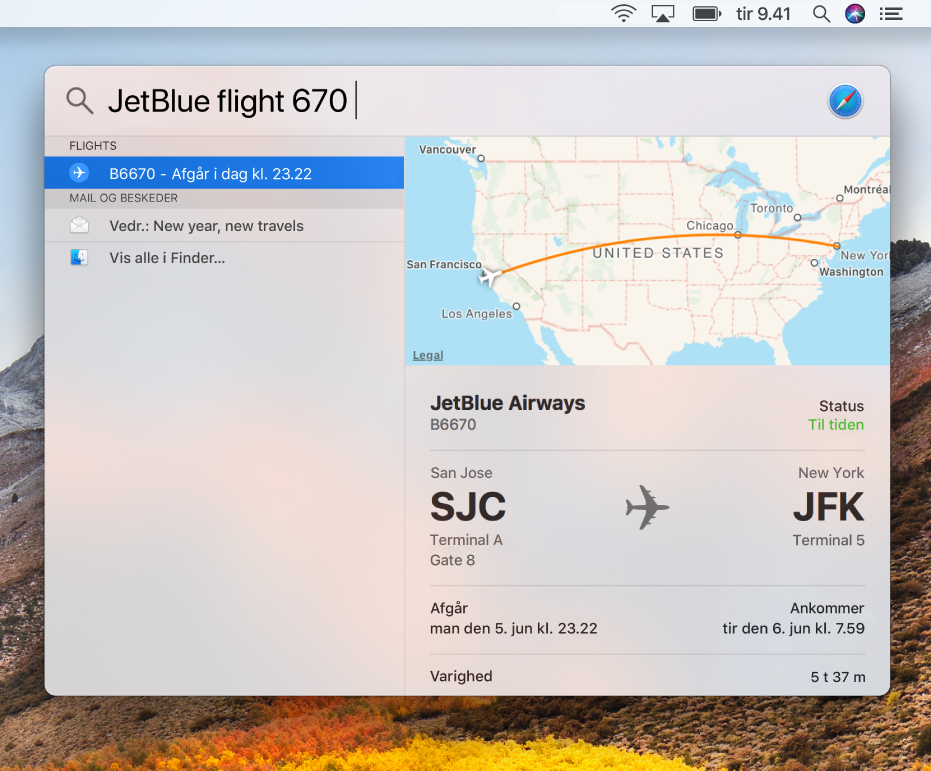 Spotlight-vinduet med resultater for flystatus.