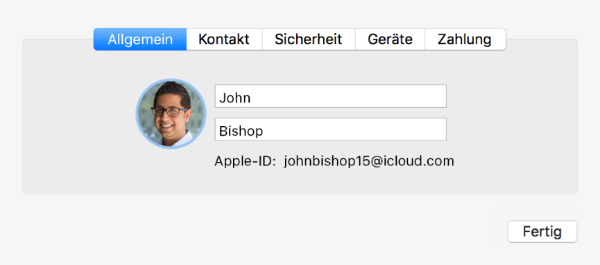Dialogfenster „Accountdetails“ in der Systemeinstellung „iCloud“.