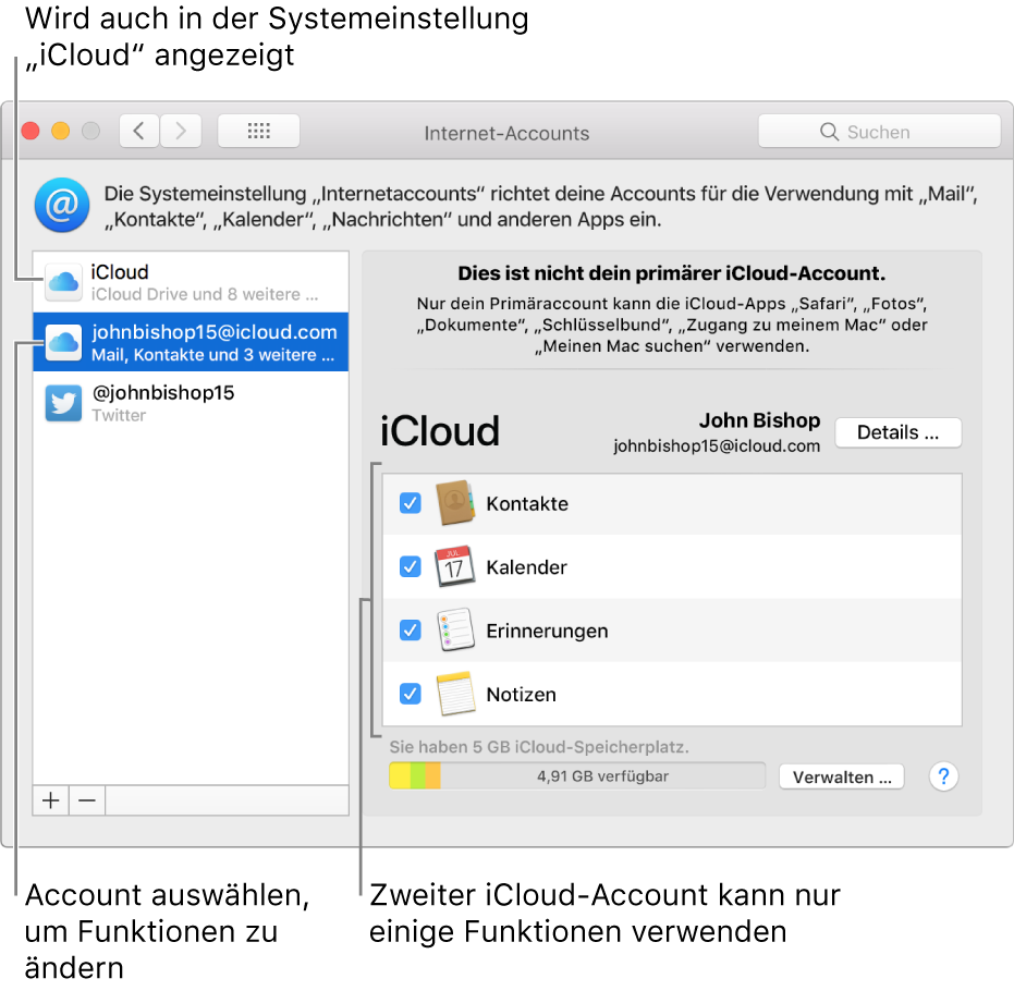 Systemeinstellung „Internetaccounts“ mit zwei iCloud-Accounts. Der zweite Account ist links in der Liste ausgewählt und zeigt, dass nur eine Funktion verfügbar ist.