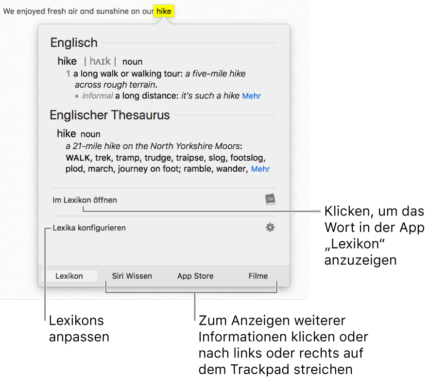Das Fenster „Nachschlagen“ mit Definition für ein Wort aus Lexikon und Thesaurus