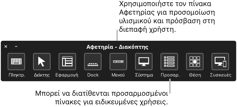 Χρησιμοποιήστε τον πίνακα Αφετηρίας του Διακόπτη ελέγχου για προσομοίωση υλισμικού και για πρόσβαση στη διεπαφή χρήστη. Μπορεί να διατίθενται προσαρμοσμένοι πίνακες για εξειδικευμένες χρήσεις.