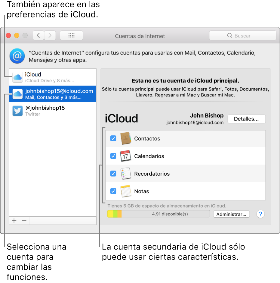 Preferencias de cuentas de internet mostrando dos cuentas de iCloud. La segunda cuenta, seleccionada en la lista de la izquierda, muestra que sólo tiene algunas funciones disponibles.