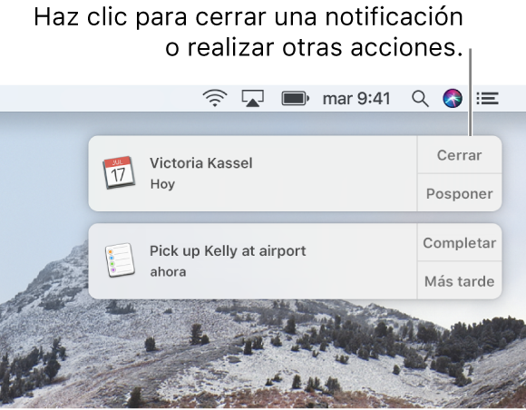 Notificaciones de las apps Calendario y Recordatorios en la esquina superior derecha de la pantalla.