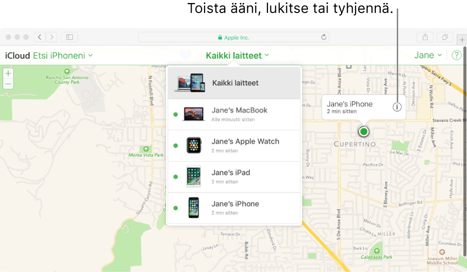Etsi iPhoneni -toiminnon kartta iCloud.comissa näyttää Macin sijainnin.