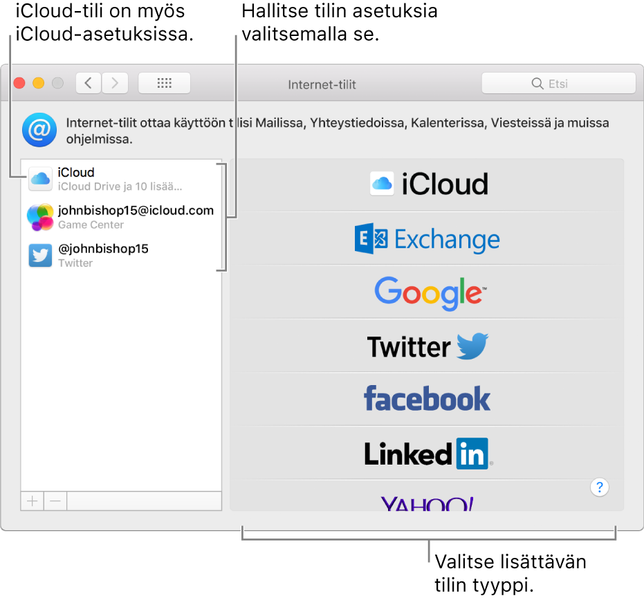Internet-tilit-asetukset, jossa oikealla on iCloud- ja Twitter-tilit ja vasemmalla käytettävissä olevat tilityypit.
