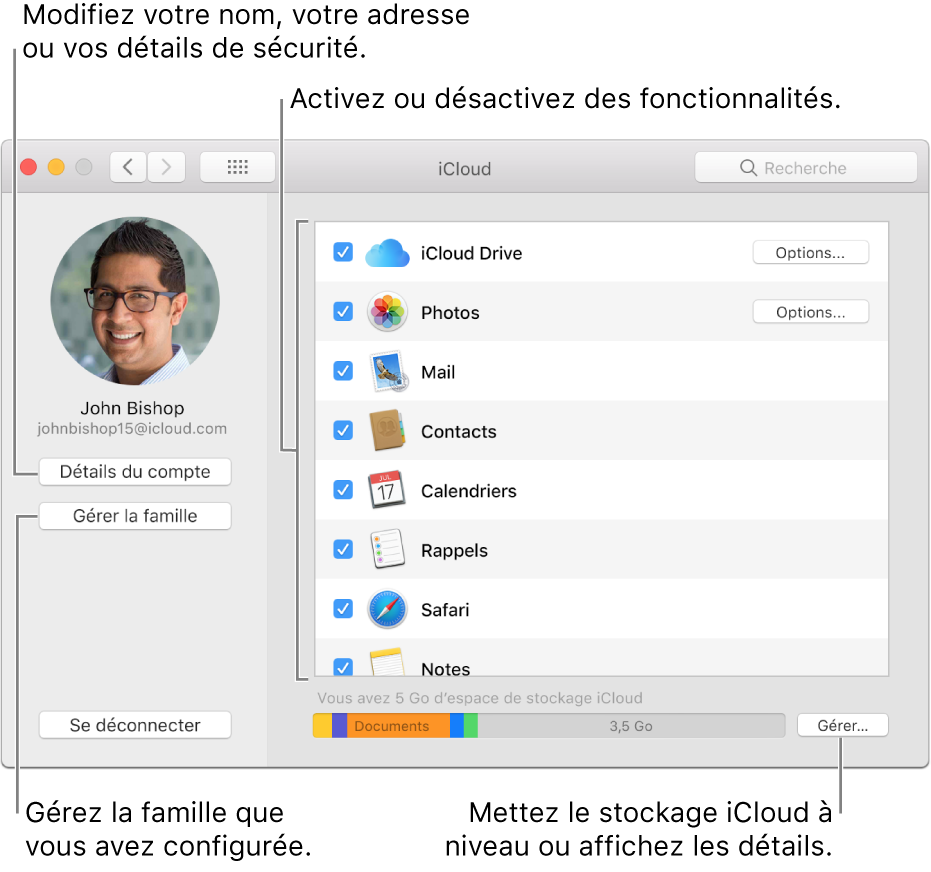 Préférences iCloud avec toutes les fonctionnalités sélectionnées.