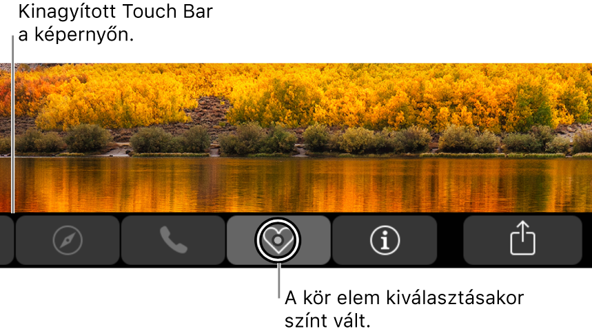 A nagyított Touch Bar a képernyő alján; a kör a gombon változik, amikor a gombot kijelölik.