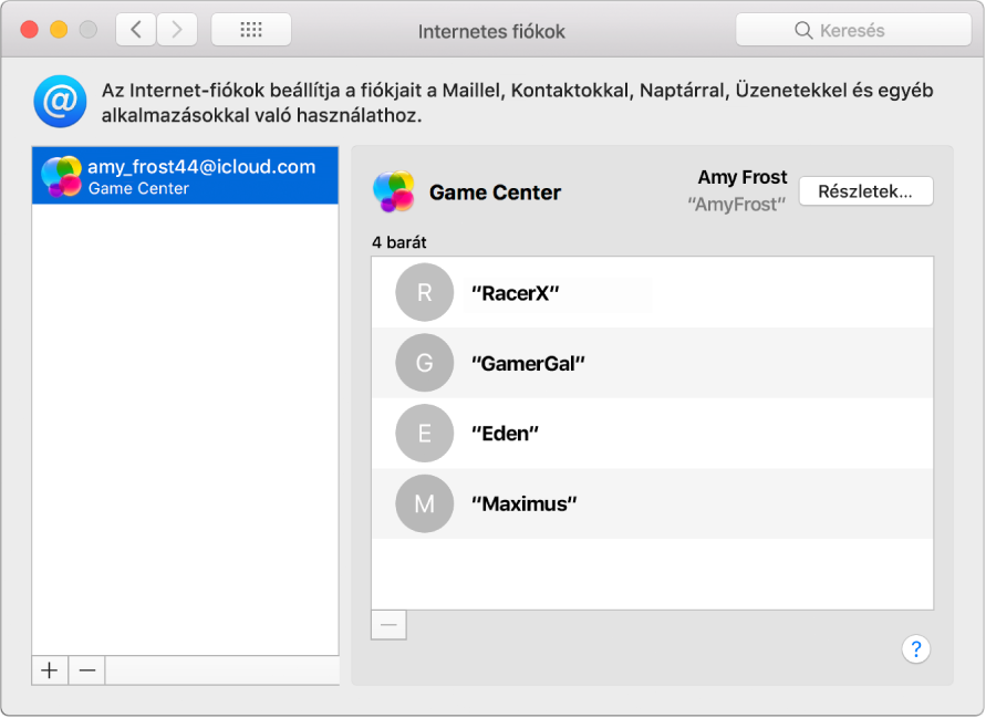 Game Center-fiók az Internetes fiókokban.