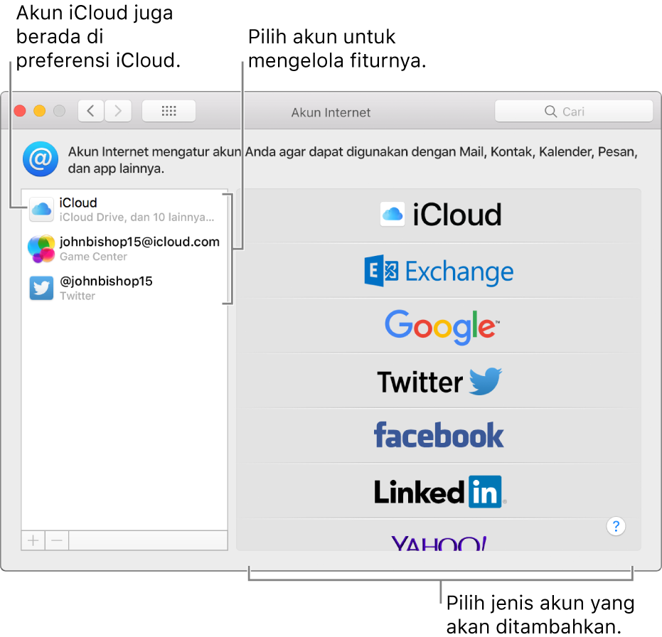 Preferensi Akun Internet dengan akun iCloud dan Twitter terdaftar di kanan dan jenis akun yang tersedia tercantum di kiri.