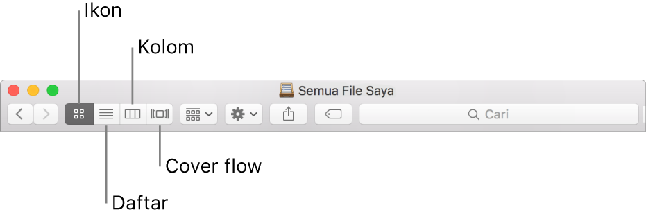 Tombol Lihat di jendela Finder.