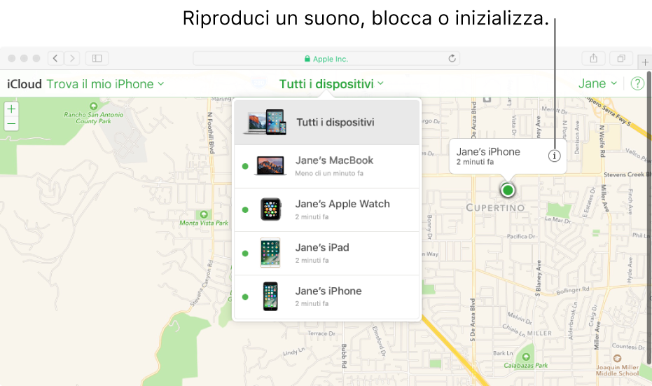 Mappa in “Trova il mio iPhone” su iCloud.com che mostra la posizione di un Mac.