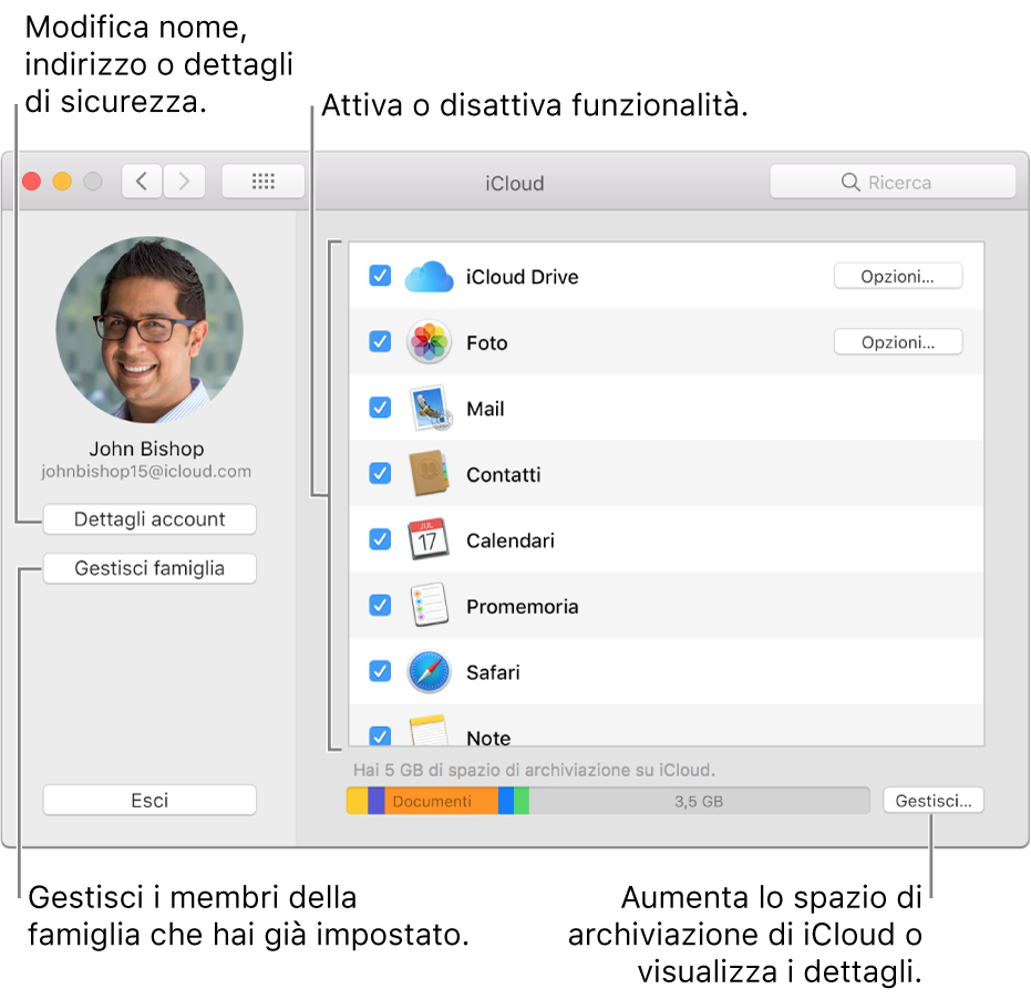 Preferenze iCloud con tutte le funzionalità selezionate.