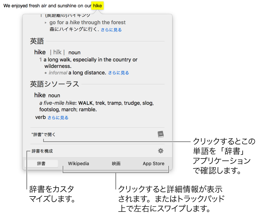 「調べる」ウインドウ。辞書や類語辞典での単語の定義が表示されています。