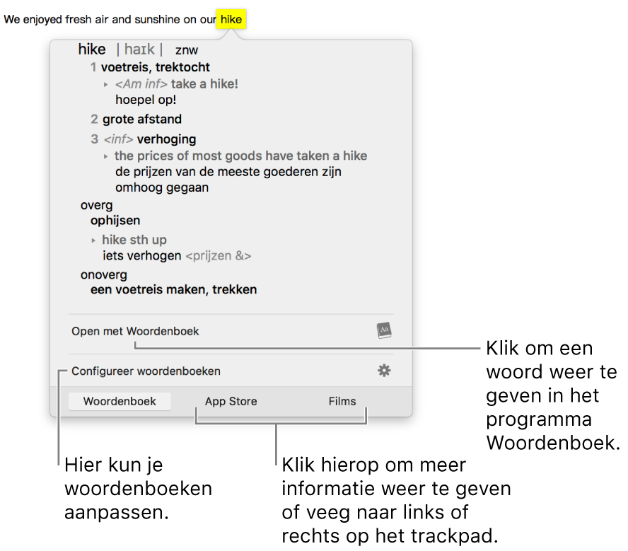 Het opzoekvenster met Woordenboek- en Thesaurus-definities voor een woord.