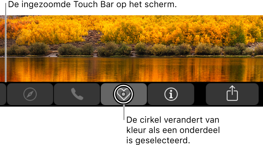 De ingezoomde Touch Bar onder in het scherm; de cirkel om een knop verandert wanneer de knop wordt geselecteerd.