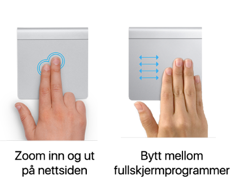 Eksempler på styreflatebevegelser for å zoome inn og ut på et nettside eller navigere mellom programmer i fullskjerm.