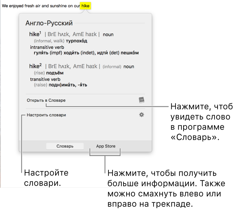 Окно поиска в словаре, в котором показаны определения слова из словаря и тезауруса.