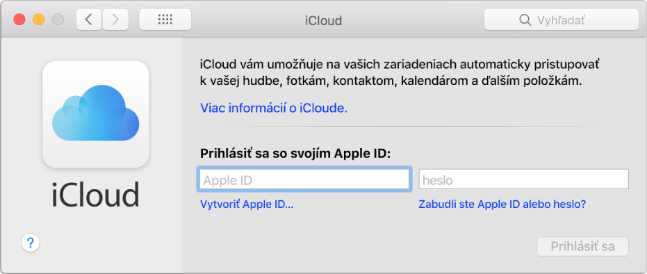 Nastavenia iCloudu, pripravené na zadanie Apple ID a hesla.