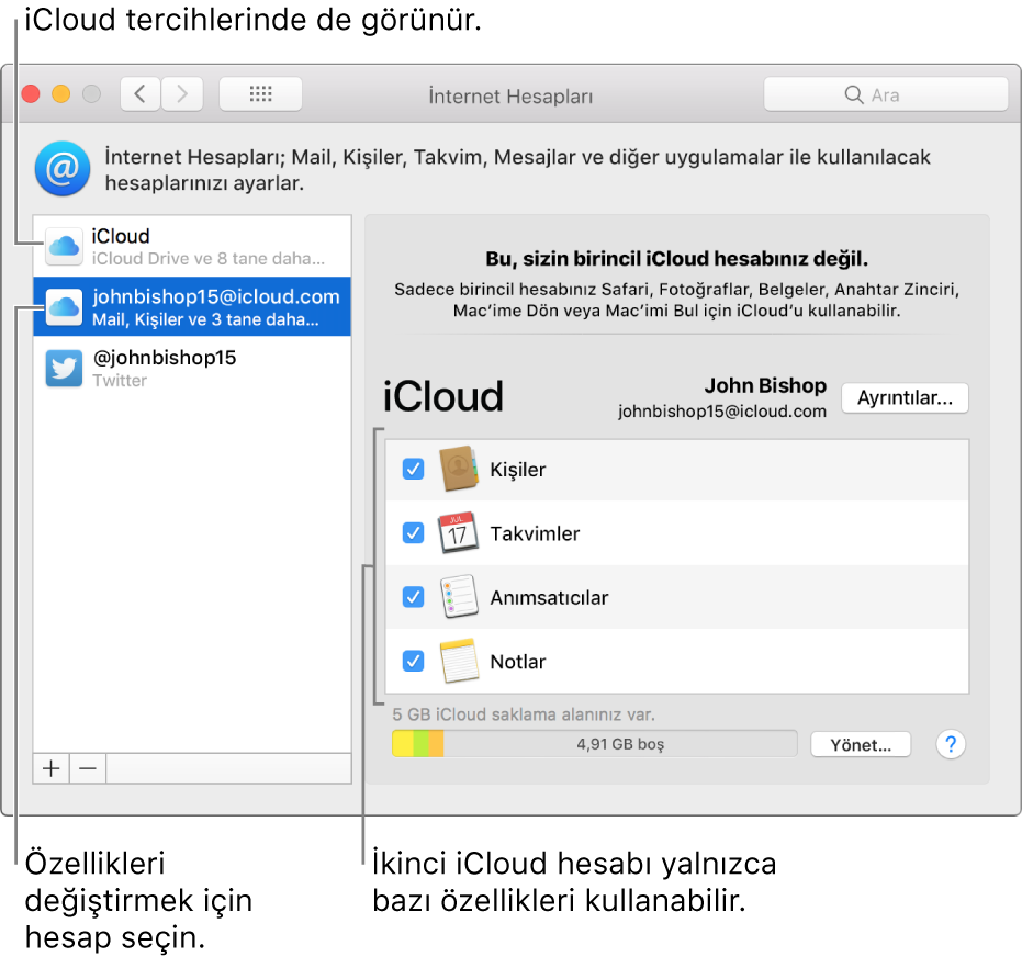İki iCloud hesabını gösteren İnternet Hesapları tercihleri. Soldaki listede seçili olan ikinci hesap, yalnızca bazı özelliklerin kullanılabilir olduğunu gösterir.