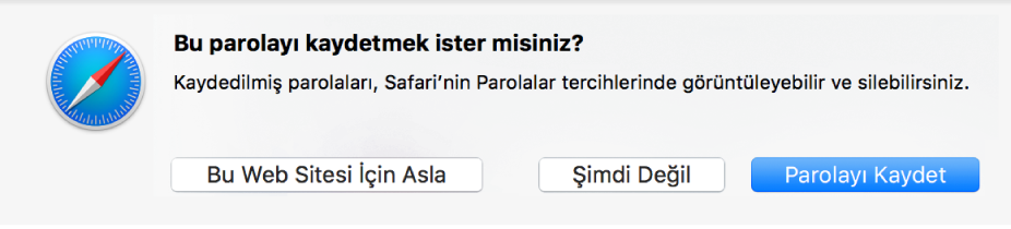 Bir web sitesi için parolayı kaydetmek isteyip istemediğinizi soran bir sorgu kutusu.