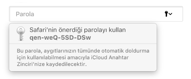 Kullanıcının iCloud Anahtar Zinciri‘ne kaydedileceğini ve aygıtlarındaki Otomatik Doldur tarafından kullanılabileceğini belirten, Safari tarafından önerilen bir parola.