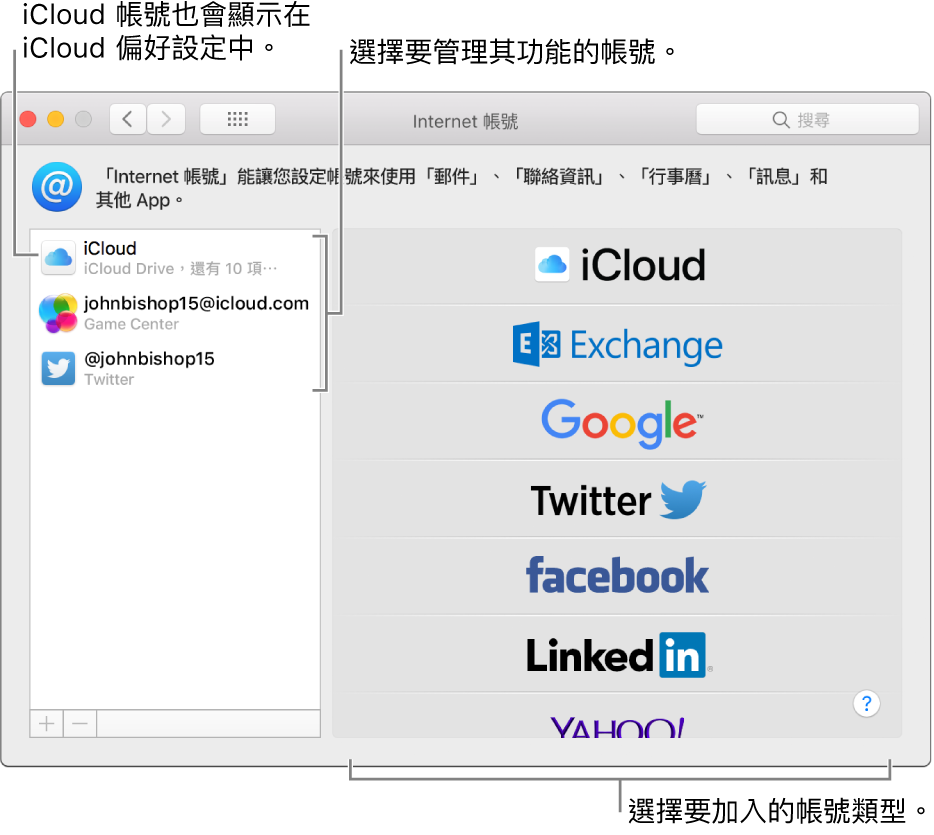「Internet 帳號」偏好設定,其右側列出 iCloud 和 Twitter 帳號,而左側則列出可使用的帳號類型。