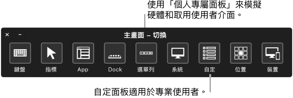 使用「切換控制個人專屬面板」來模擬硬體和取用使用者介面。自定面板可能適用於專業用途。