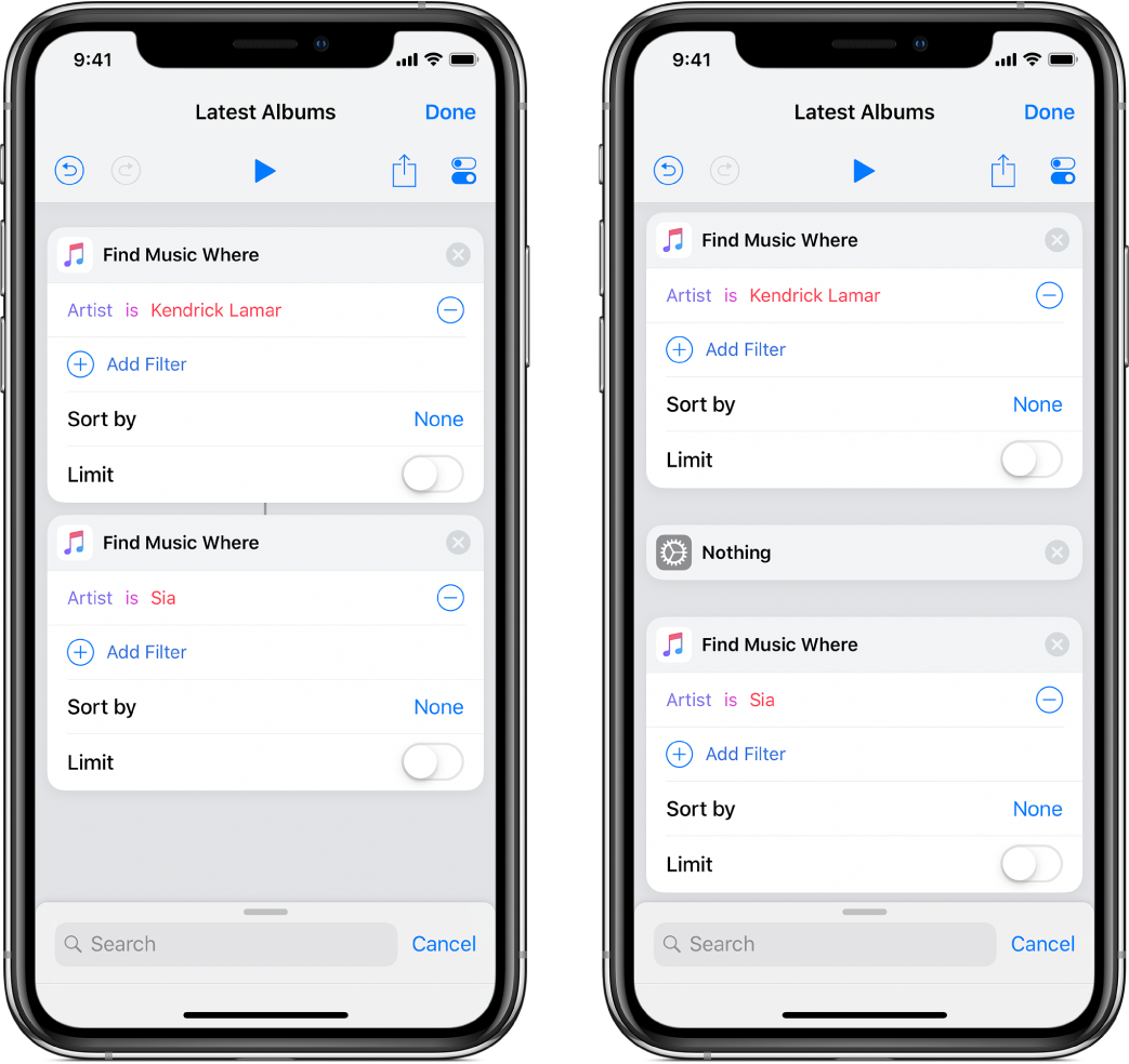 To Finde musik Hvor-handlinger i redigeringsværktøjet til genveje.