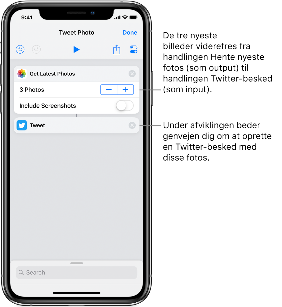 Eksempel på handlinger i en genvej, der opretter en Twitter-besked med billeder fra Fotos-biblioteket.