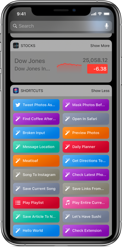 Το widget «Συντομεύσεις» στην προβολή «Σήμερα» σε iPhone.