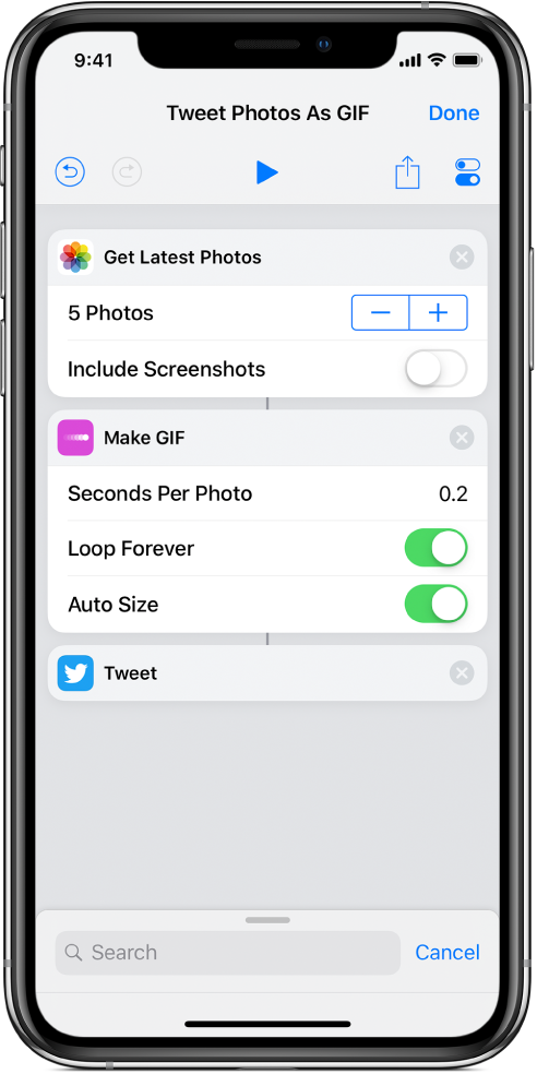 Shortcut editor showing actions used to make and Tweet an animated GIF.