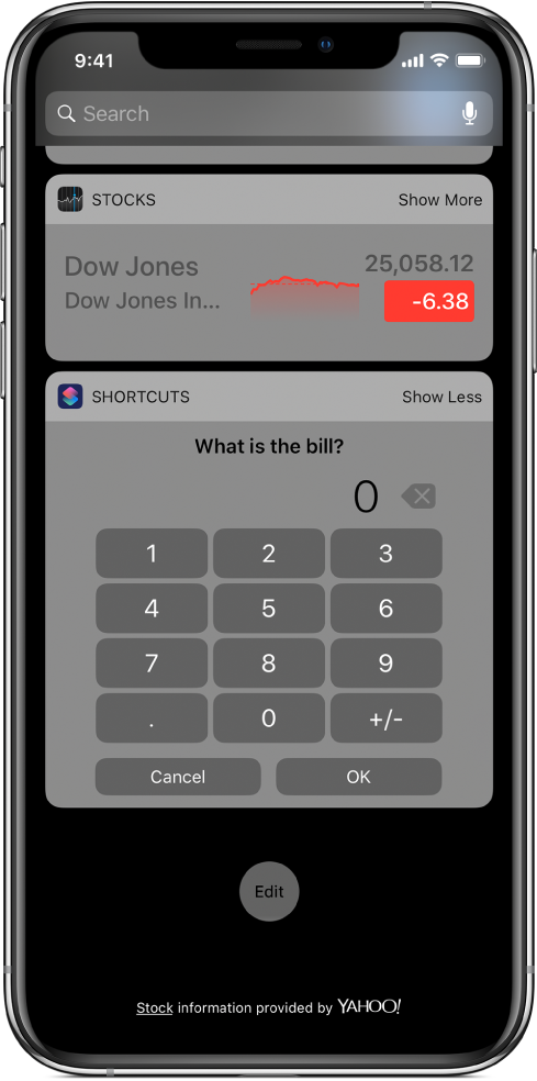 Number pad in the Shortcuts widget in Today View.
