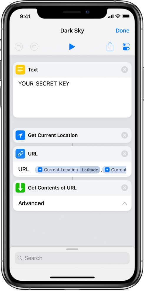 A Get Current Location action added between the Text action and the URL action in the Dark Sky API request shortcut.